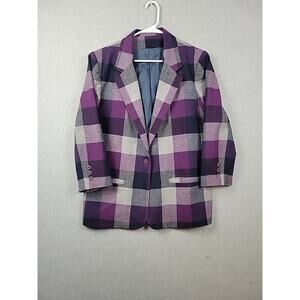 Vtg Park Square 100% Wool Retro Purple Check LS Button Up Blazer Women's Plus 18